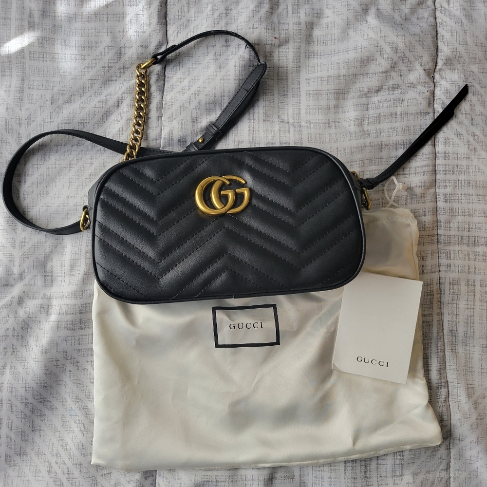 Gucci GG Marmont Camera Small Black Leather Bag with Gold Chain